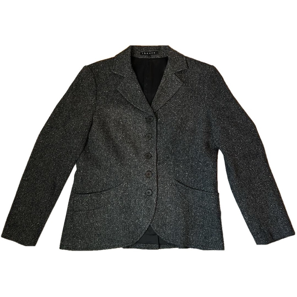 Theory Dark Gray Wool Tweed Button Front Blazer Jacket Lined Size 10 - Picture 2 of 10